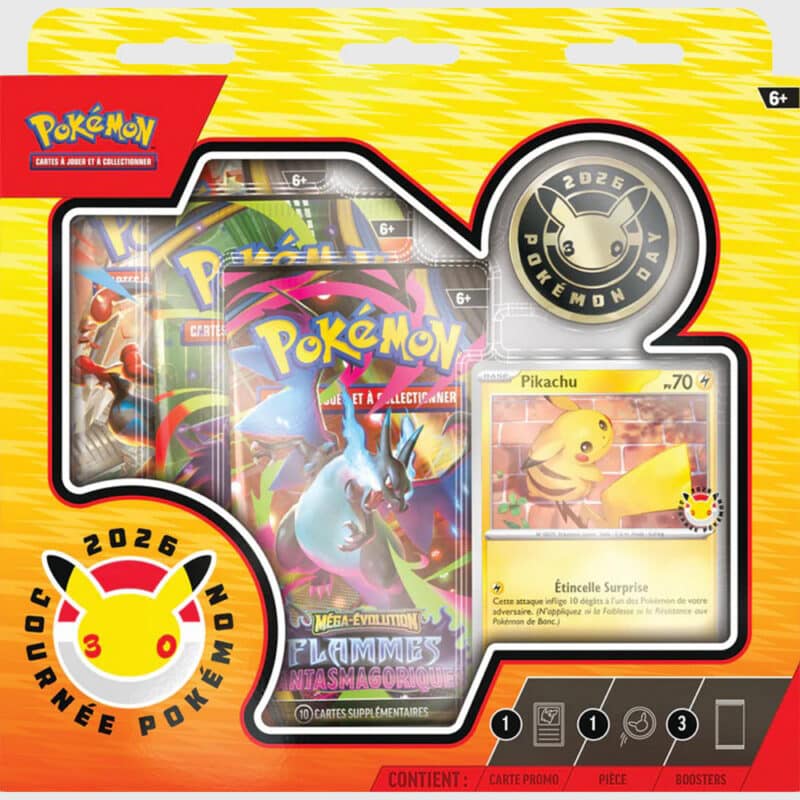 Contenu Coffret Journée Pokémon 2026 boosters et pièce collector